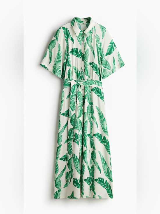 H&M Dresses & Skirts - H&M Cream Maxi Shirt Dress with Green Leaf Print